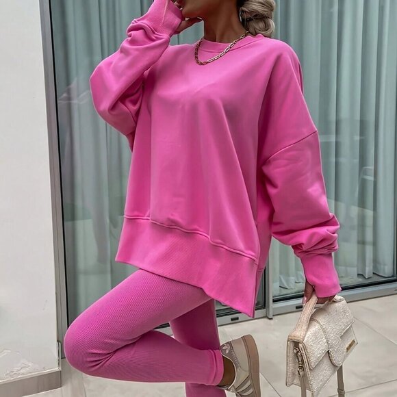 Hot Pink Casual Women's Long Sleeved Hooded Sweatshirt And Leggings Set - Picture 4 of 4